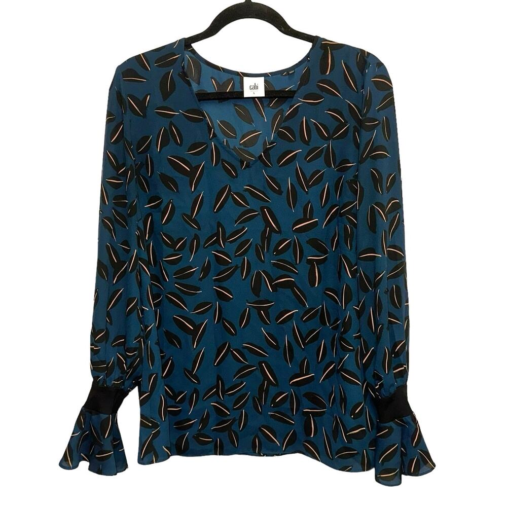 Cabi Blouse Style 3763 Large Blue Leaf Print Ruffle Sleeve Career Top